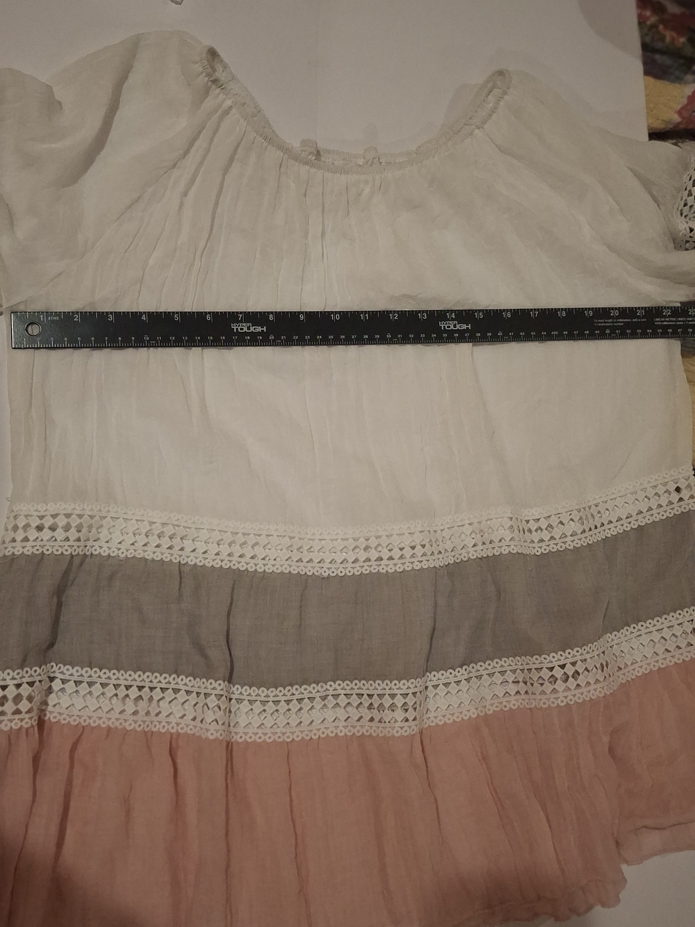 Boho Tiered Peasant Tunic with Crochet Trim - White, Taupe & Blush - Picture 8 of 9